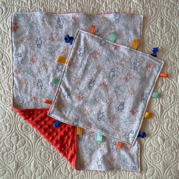 Clearance Sale-Snuggle Blanket and Sensory Tag Blanket Lovey Gift Set in Robot Print