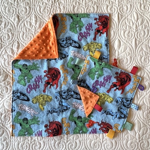 Clearance Sale-Snuggle Blanket and Sensory Tag Blanket Lovey Gift Set in Superhero Print-Iron Man, Hulk, Captain America, Thor