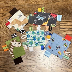 Mini Pocket-Size Sensory Tag Blanket Lovey in Assorted Prints-Zebra-Dinosaurs-Trains-Monsters