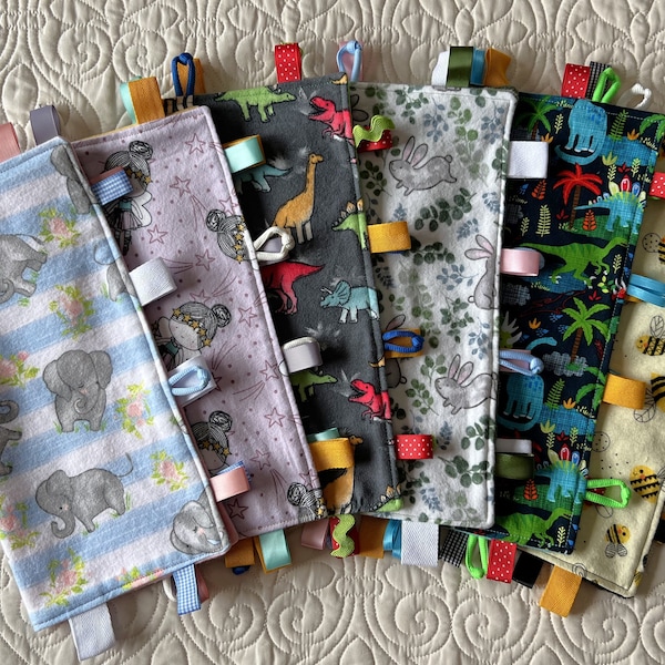 Sensory Tag Blanket Lovey in Assorted Prints-Elephants, Fairies, Dinosaurs, Bunnies, Bumblebees, Rubber Ducks