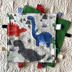 Sensory Dinosaur Tag Blanket Toy Lovey for Babies and Toddlers