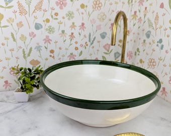 Lavandino moderno in ceramica bianca e verde/nera – Lavandino marocchino dipinto a mano, lavabo rotondo artigianale, lavandino da bagno in ceramica unico fatto a mano