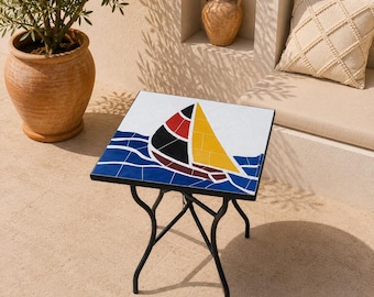Handmade Sailboat Mosaic Side Table, Nautical Ceramic Tile Table, Moroccan Mosaic Accent Table, Outdoor Patio End Table, Coastal Home Decor