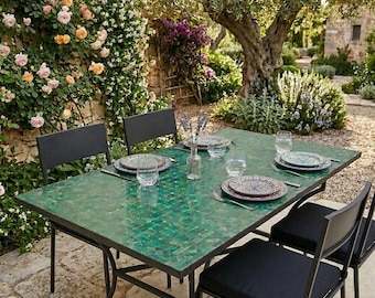 Handmade Rectangular Dining Table, Moroccan Mosaic Green Table, Custom Made Design, Outdoor Patio Furniture