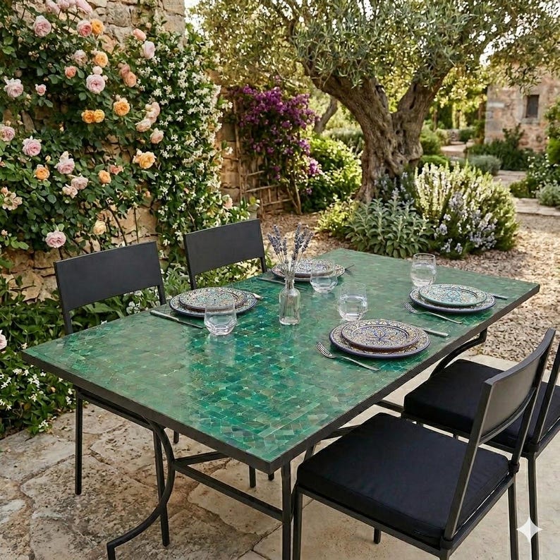 May include: A green mosaic-tiled outdoor dining table with a black metal frame, set with plates, glasses, and silverware. Four black chairs with cushions surround the table. The scene is set in a garden with a stone wall and climbing roses.