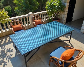 BLUE MOSAIC TABLE, Dining Large Handmade Outdoor & Indoor Mosaic Table, Moroccan Mix Blue Table, Traditional Custom-Made Design