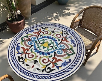 Handmade Moroccan Mosaic Table – Colorful Zellij Round Patio and Garden Table , Outdoor Coffee, Side Table Art - Luxury Table