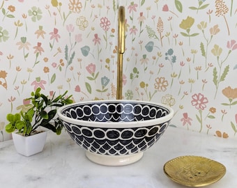 Modern Black Ceramic Sink – Hand-Painted Moroccan Basin, Artisan Round Washbasin, Unique Handmade Ceramic Bathroom Sink