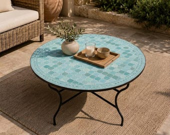 Handmade Moroccan Mosaic Table – Light Blue Zellij Round Patio & Garden Table, Outdoor Coffee or Side Table