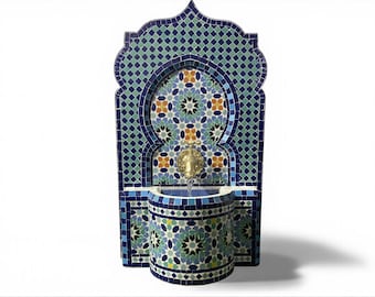 Customizable Rustic Mosaic Wall Fountain: Blue Mid-Century Indoor/Outdoor Water Feature for Your Garden or Patio