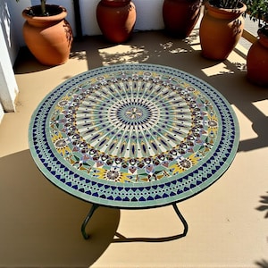 Handmade Moroccan Mosaic Table – Colorful Zellij Round Patio and Garden Table , Outdoor Coffee, Side Table Art - Luxury Table