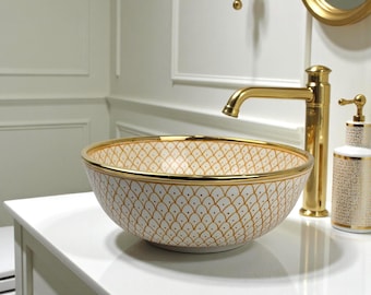 Hand-Painted Gold Ceramic Sink – Luxury White and 14k Gold Rim, Elegant Vanity Bowl, Artisanal Wash Basin, Glam Bathroom Decor ,
