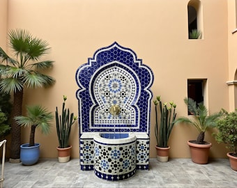 Customizable Rustic Mosaic Wall Fountain: Blue Mid-Century Indoor/Outdoor Water Feature for Your Garden or Patio