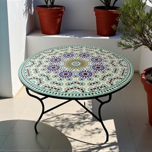 Handmade Moroccan Mosaic Table – Colorful Zellij Round Patio and Garden Table , Outdoor Coffee, Side Table Art