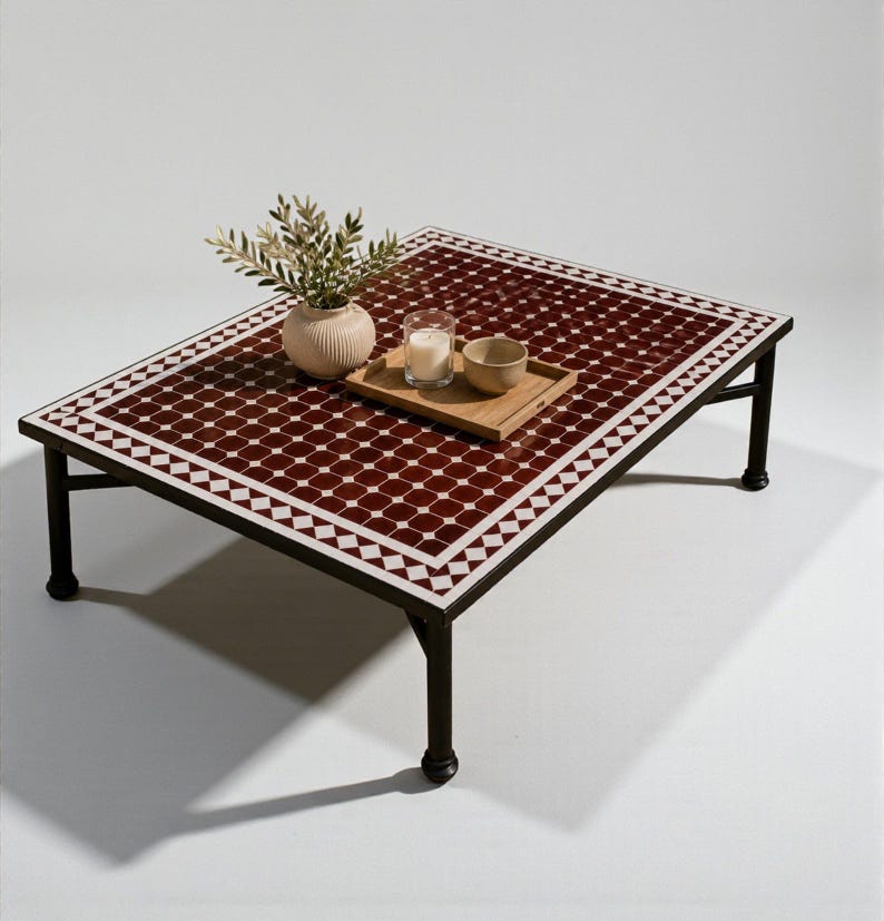 Customization Large Dining Rectangular Red Mosaic Table, Moorish 100% Handmade Outdoor & Indoor Mosaic Table, Solid Moroccan Table. image 8