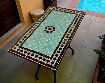 Handmade Moroccan Mosaic Table – Green and Burgundy Zellij rectangular Patio and Garden Table , Outdoor Coffee, Side Table Art
