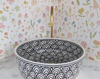 Modern White and Black Ceramic Sink – Hand-Painted Moroccan Basin, Artisan Round Washbasin, Unique Handmade Ceramic Bathroom Sink