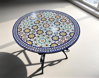 Handmade Moroccan Mosaic Table – Colorful Zellij Round Patio and Garden Table , Outdoor Coffee, Side Table Art