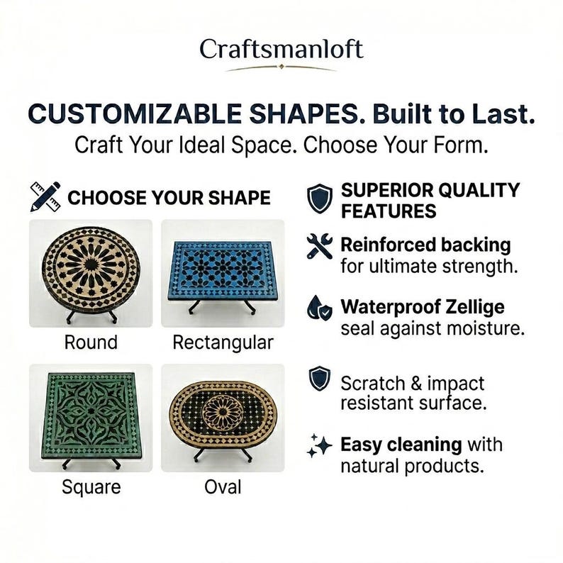 以下が含まれることがあります： Craftsmanloftのインフォグラフィック。円形、長方形、正方形、楕円形のカスタマイズ可能なテーブル形状を表示。テキストには、補強された裏面、防水ゼリージュシール、耐傷・耐衝撃性、自然素材による簡単なクリーニングといった特徴が記載されています。