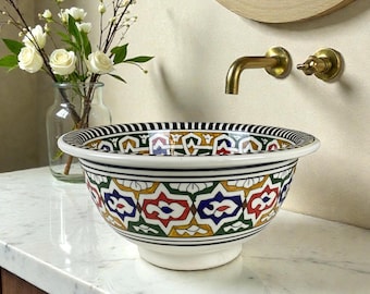 Handmade Moroccan Ceramic Vessel Sink – Yellow & White Hand-Painted Bathroom Bowl Sink, Countertop Vanity Basin