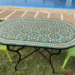 Oval Handmade Moroccan Mosaic Outdoor Green Table  with Geometric Star Design
