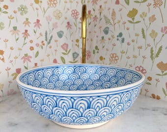 Modern Blue Ceramic Sink – Hand-Painted Moroccan Basin, Artisan Round Washbasin, Unique Handmade Ceramic Bathroom Sink