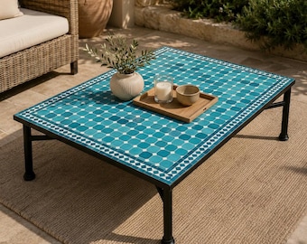 Customization Large Dining Rectangular BlueMosaic Table, Moorish Handmade Outdoor & Indoor Mosaic Table, Solid Moroccan Table