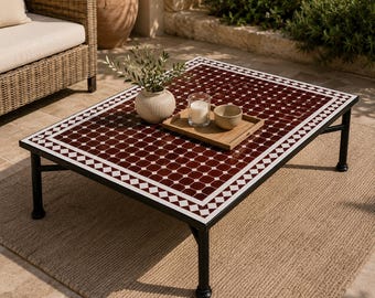 Customization Large Dining Rectangular Red Mosaic Table, Moorish 100% Handmade Outdoor & Indoor Mosaic Table, Solid Moroccan Table.