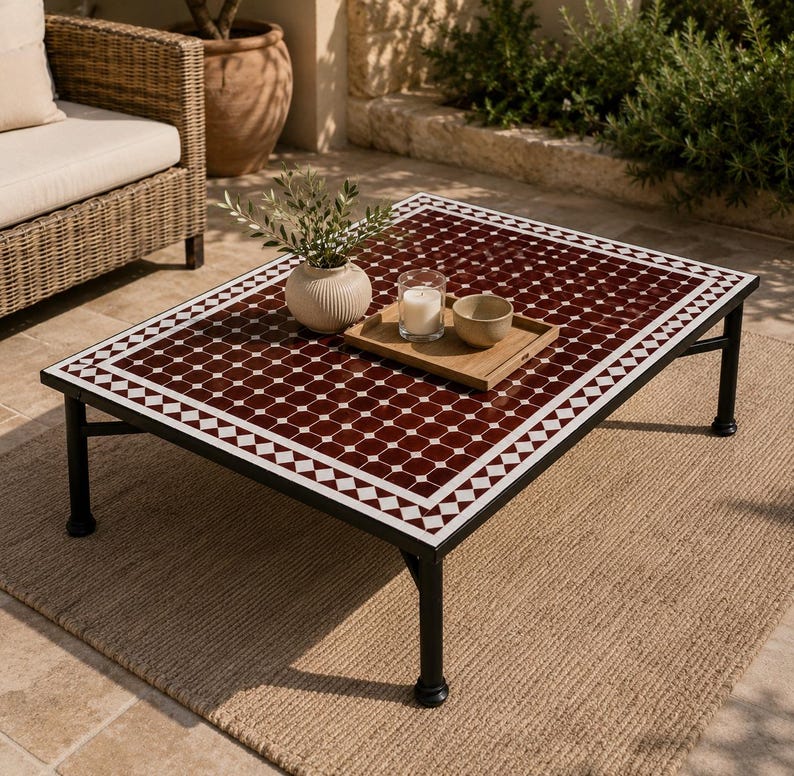Customization Large Dining Rectangular Red Mosaic Table, Moorish 100% Handmade Outdoor & Indoor Mosaic Table, Solid Moroccan Table. image 1