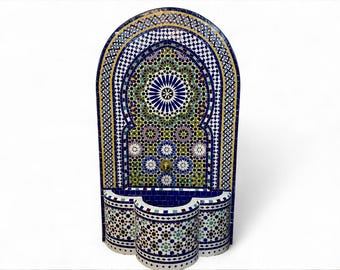 Customizable Rustic Mosaic Wall Fountain: Mid-Century Indoor/Outdoor Water Feature for Your Garden or Patio