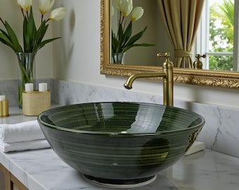 Dark Green Moroccan Ceramic Sink with Brass Drain – Handmade Glazed Vessel Basin, Artisan Bathroom Wash Bowl