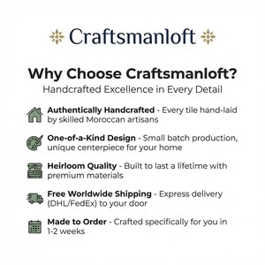以下が含まれることがあります： Craftsmanloftというタイトルの情報グラフィックで、サブタイトルはHandcrafted Excellence in Every Detailです。Authentically Handcrafted、One-of-a-Kind Design、Heirloom Quality、Free Worldwide Shipping、Made to Orderの5つのポイントが記載されています。