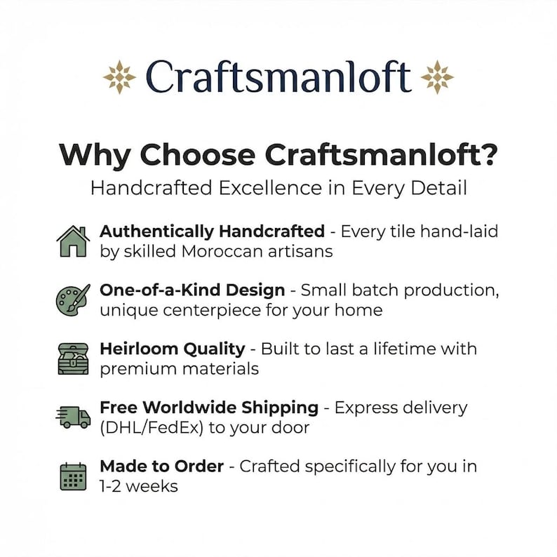 以下が含まれることがあります： Craftsmanloftというタイトルの情報グラフィックで、サブタイトルはHandcrafted Excellence in Every Detailです。Authentically Handcrafted、One-of-a-Kind Design、Heirloom Quality、Free Worldwide Shipping、Made to Orderの5つのポイントが記載されています。