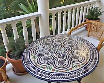 Tavolo di lusso in mosaico marocchino fatto a mano – Tavolo rotondo Zellij colorato per patio e giardino, tavolino da caffè per esterni, tavolino laterale artistico – Colore e forma personalizzabili