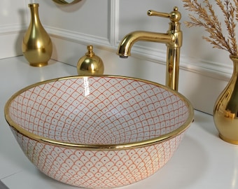 Modern Pink Ceramic sink: 14k Gold Rim, Hand Painted Sink, Handmade Sink, ceramic painted sink, round ceramic sink, Moroccan Sink