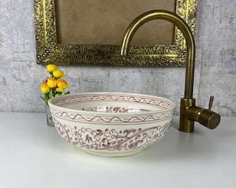 Modern Pink Ceramic Sink – Hand-Painted Moroccan Vessel Basin, Artisan Round Bathroom Sink