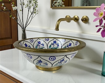 Handmade Moroccan Ceramic Sink in Blue and Brass Rim – Modern Artisan Bathroom Vessel Basin