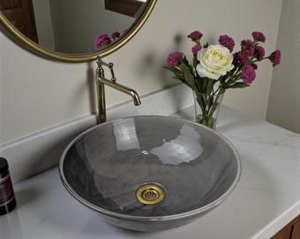 Dark Gray Moroccan Ceramic Sink with Brass Drain – Handmade Glazed Vessel Basin, Artisan Bathroom Wash Bowl