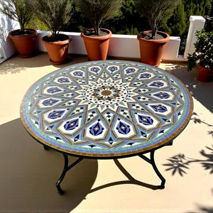 Handmade Moroccan Mosaic Table – Colorful Zellij Round Patio and Garden Table , Outdoor Coffee, Side Table Art - Luxury Table