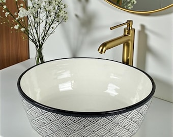 Handmade Moroccan Ceramic Sink – Black & White Fez-Style Bathroom Vessel Basin with Hand-Painted Geometric Design