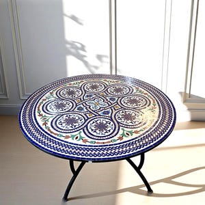 Handmade Moroccan Mosaic Table – Colorful Zellij Round Patio and Garden Table , Outdoor Coffee, Side Table Art - Luxury Table