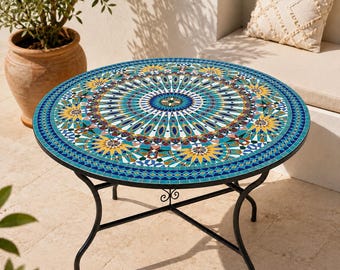 Handmade Moroccan Mosaic Table – Colorful Zellij Round Patio and Garden Table , Outdoor Coffee, Side Table Art - Luxury Table