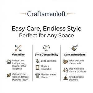 以下が含まれることがあります： Craftsmanloftのインフォグラフィック。Easy Care, Endless Style, Perfect for Any Spaceというテキストが記載されています。屋内・屋外での用途、スタイルの互換性、柔らかい布で拭くなどの手入れ方法がアイコンと共に示されています。