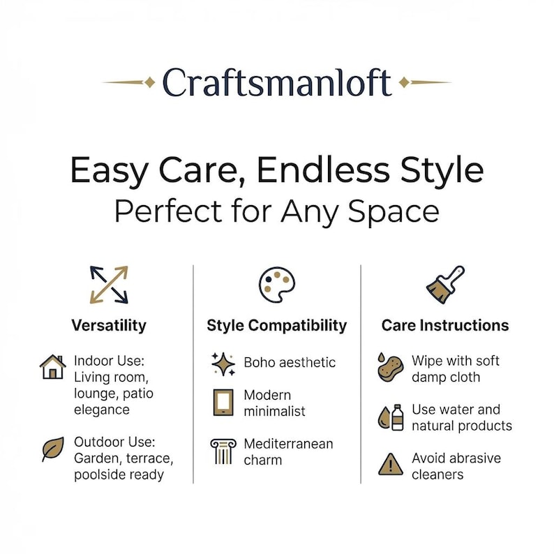以下が含まれることがあります： Craftsmanloftのインフォグラフィック。Easy Care, Endless Style, Perfect for Any Spaceというテキストが記載されています。屋内・屋外での用途、スタイルの互換性、柔らかい布で拭くなどの手入れ方法がアイコンと共に示されています。