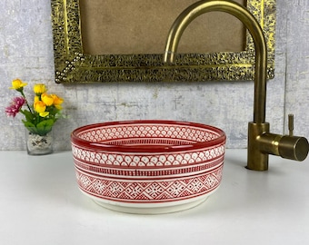 Modern Red Ceramic Sink “Red Medina” – Hand-Painted Moroccan Vessel Basin, Artisan Round Bathroom Sink