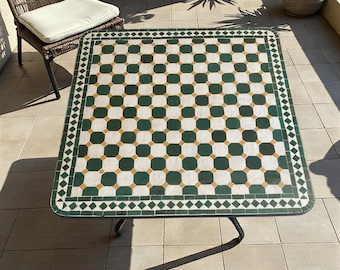 Handmade Square Moroccan Mosaic Table in Green, Ivory & Mustard Zellij