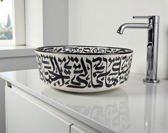 Handmade Moroccan Ceramic Sink – Black and White Fez-Style Bathroom Vessel Basin with Hand-Painted Geometric Design