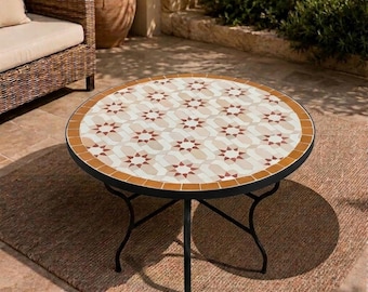 Handmade Moroccan Mosaic Table – Brown and Beige Zellij Round Patio and Garden Table , Outdoor Coffee, Side Table Art