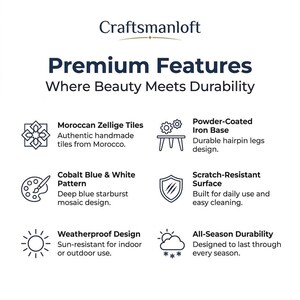 以下が含まれることがあります： Craftsmanloft Premium Features Where Beauty Meets Durabilityというタイトルのインフォグラフィック。モロッコ製ゼリージュタイル、パウダーコーティングされた鉄製ベースとヘアピンレッグ、コバルトブルーと白のスターバースト模様、傷に強い表面、耐候性デザイン、全天候型の耐久性という6つの特徴が記載されています。