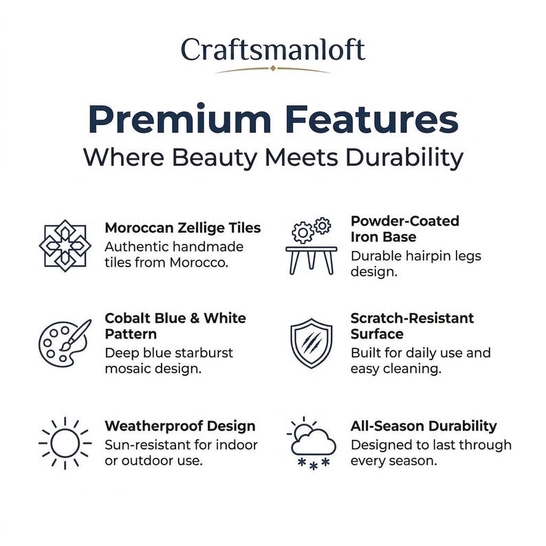 以下が含まれることがあります： Craftsmanloft Premium Features Where Beauty Meets Durabilityというタイトルのインフォグラフィック。モロッコ製ゼリージュタイル、パウダーコーティングされた鉄製ベースとヘアピンレッグ、コバルトブルーと白のスターバースト模様、傷に強い表面、耐候性デザイン、全天候型の耐久性という6つの特徴が記載されています。